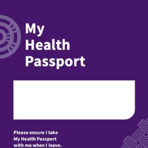 Front cover of the My Health Passport booklet, purple with the My Health Passport logo